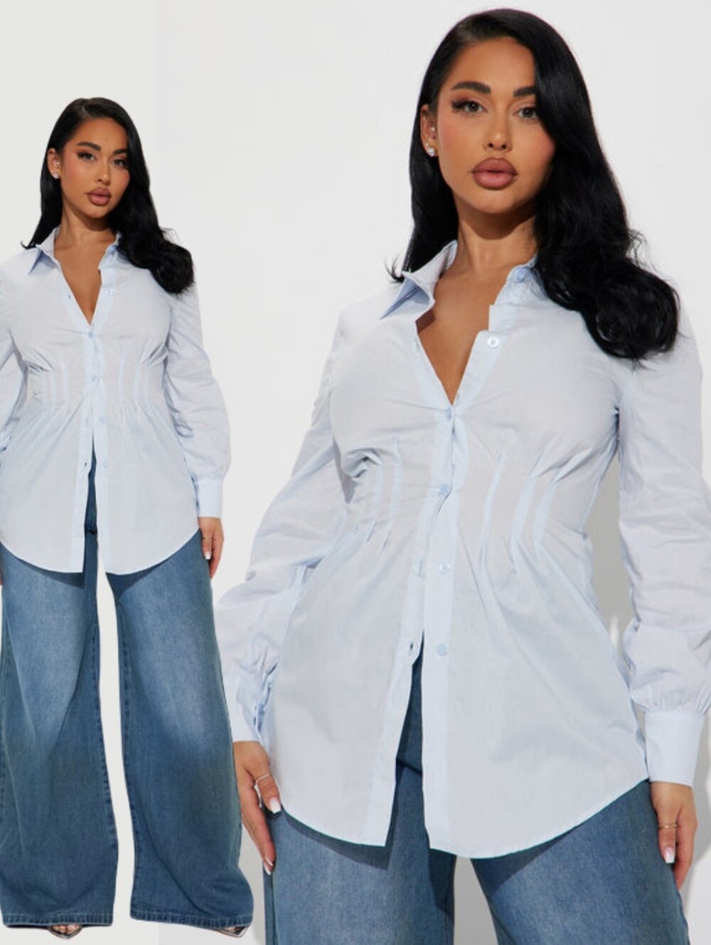 Light Blue Cinched Waist Button-Up Shirt - Women
